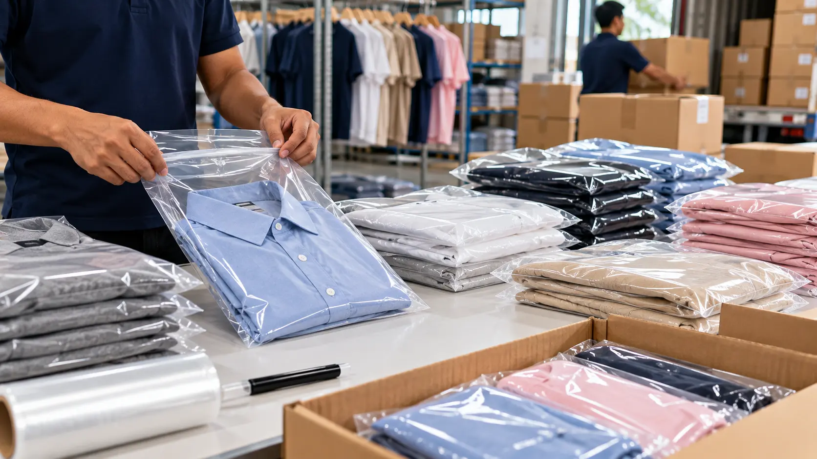 Garment packaging for bulk dispatch using clear plastic bags in a garment packaging warehouse