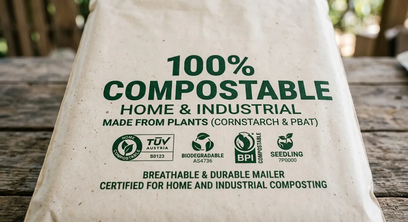 Printed compostable packaging bag close-up for eco friendly packaging