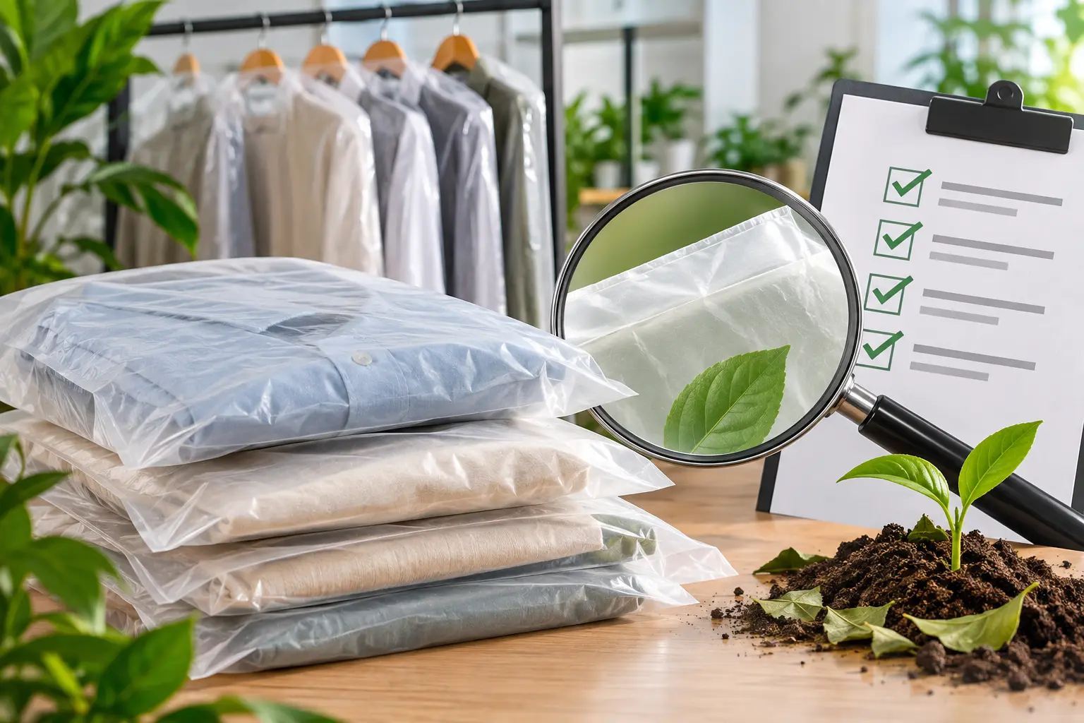 Certified compostable garment bags for sustainable clothing packaging