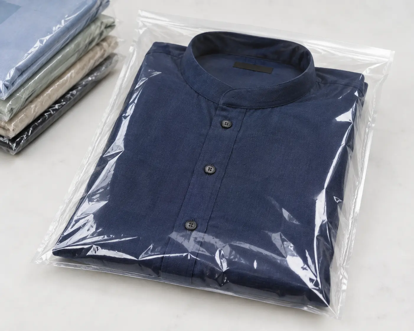 Export-ready garments packed in transparent PP garment packaging bag