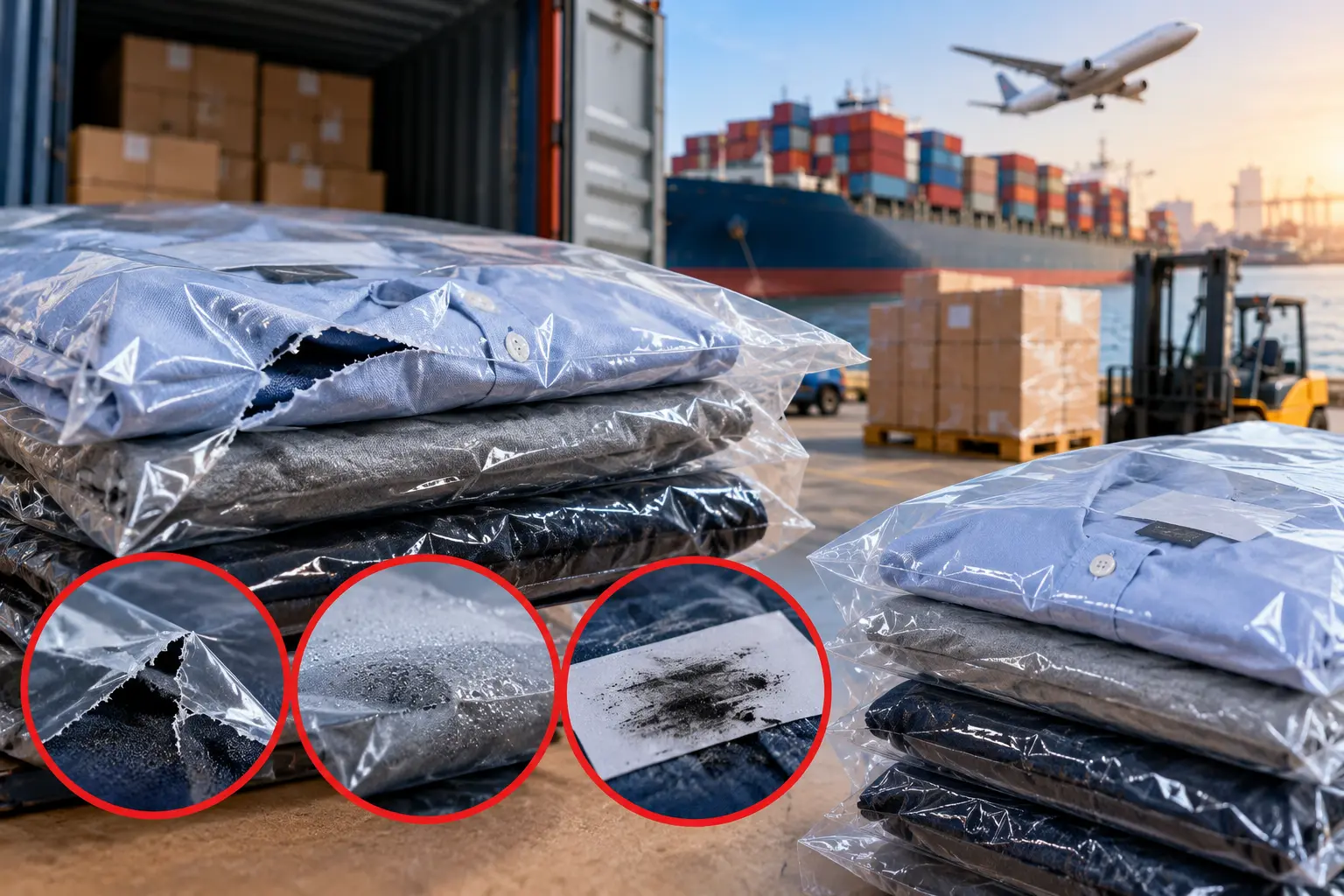 LDPE garment bags for bulk export shipping with torn packaging and condensation issues